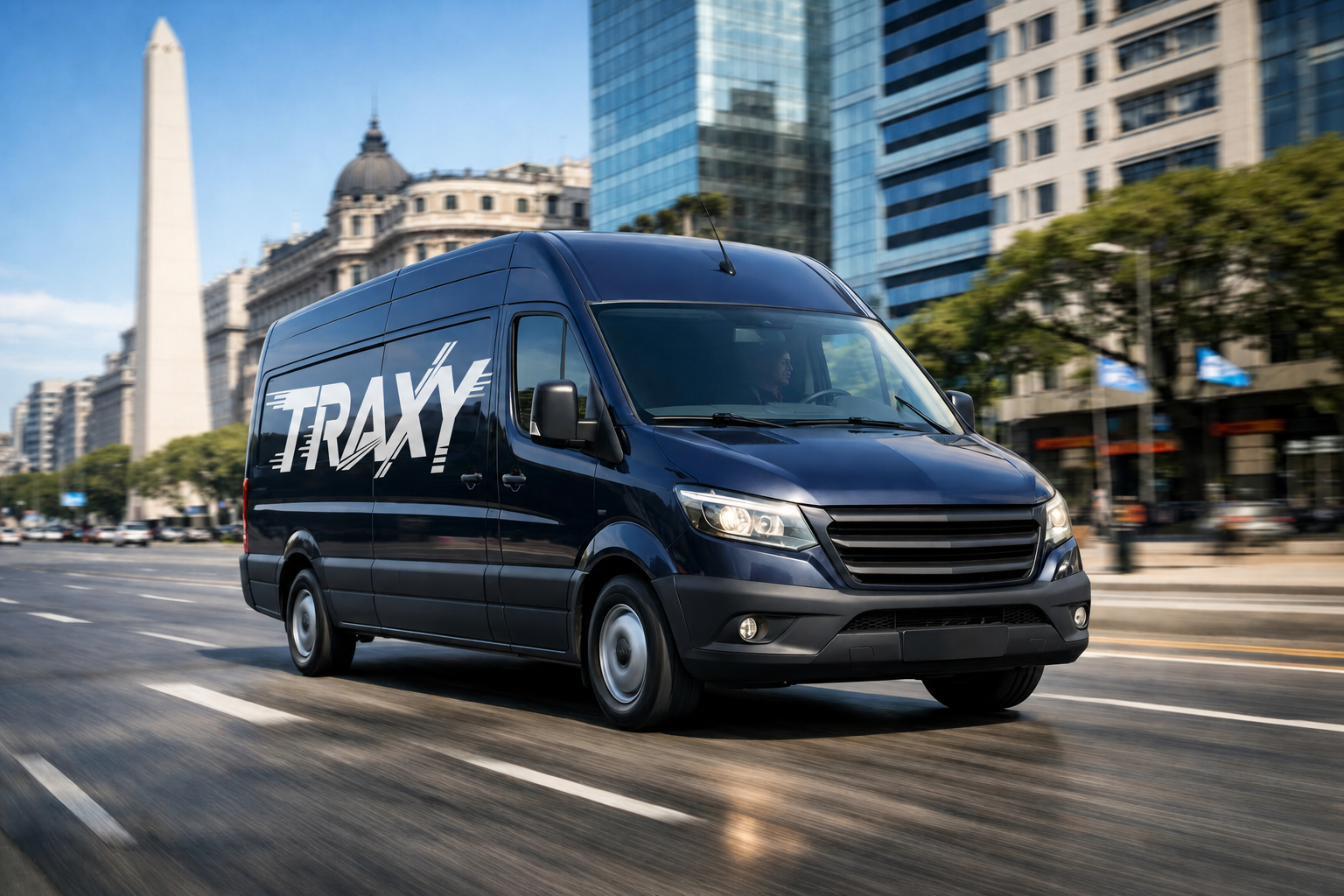 Delivery van in Buenos Aires with TRAXY logo